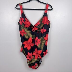Sugar Reef Clothing Co. black & red floral modest 1 piece swimsuit, 24W.